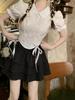 Korean Style Women's Summer Set: Bow-Tie Strap White Top & Lace Ruffle Skirt
