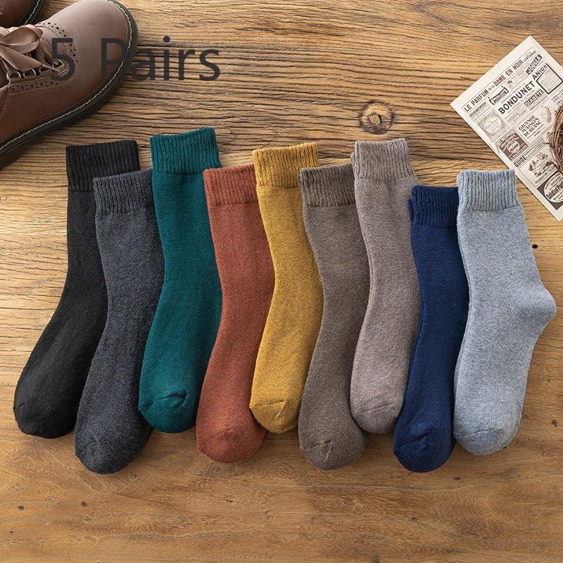 5 Pairs of Winter Men's and Women's Socks Padded and Thickened Warm Terry Solid-coloured Mid-calf Floor Socks Imitation Rabbit Wool Socks