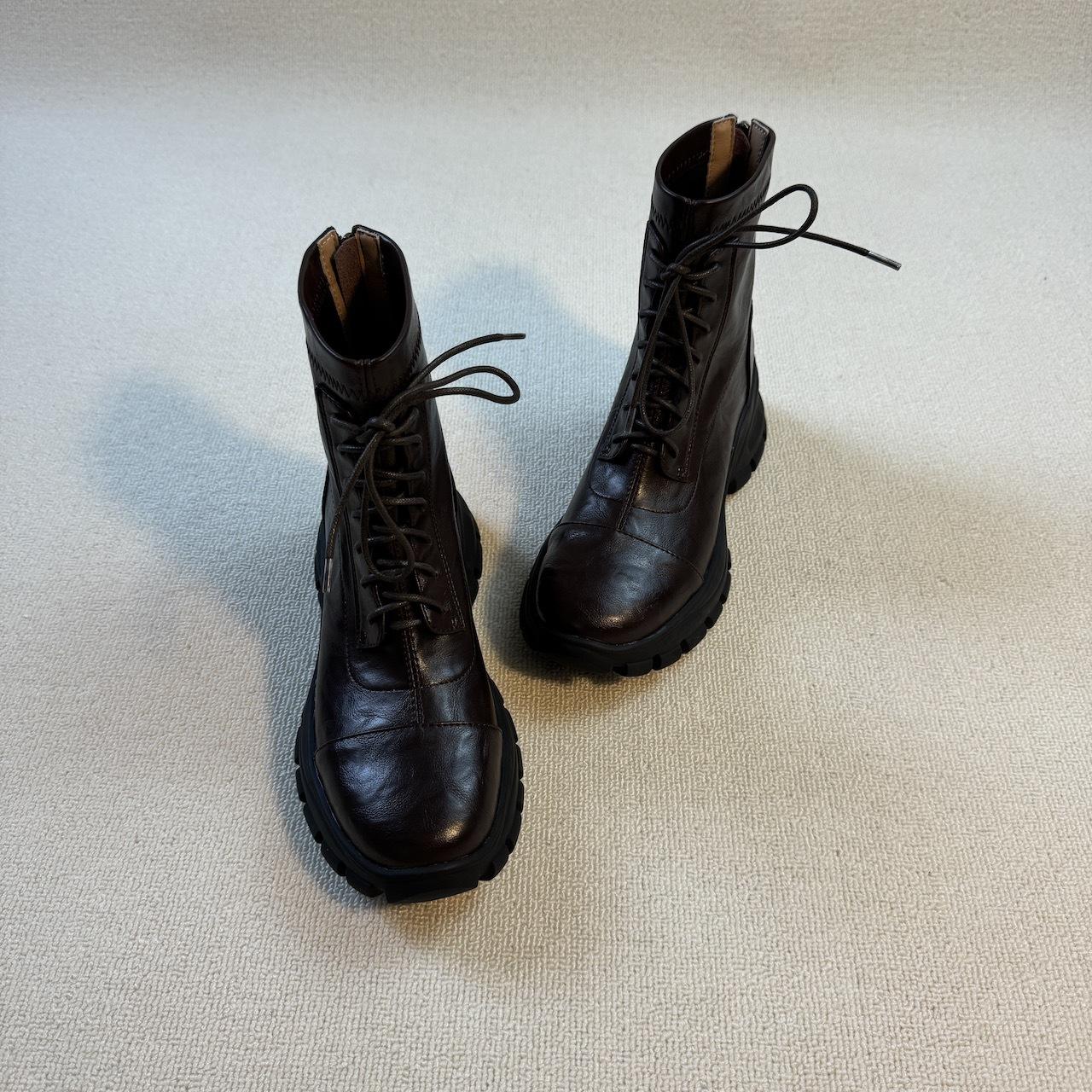 

Cowhide version~ 2025 new retro style thick-soled round-headed Martin boots women s versatile casual front lace-up fashion boots 40 коричневый