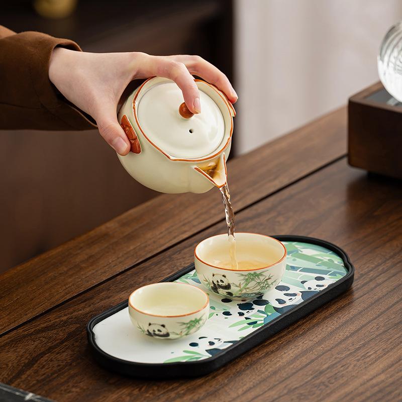 Travel tea set Portable wind panda holding bamboo Ru kiln binaural teapot Business gift Kuaike cup