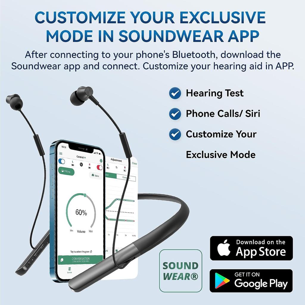 Aparat auditiv Bluetooth reîncărcabil cu control prin aplicație, amplificator de sunet wireless cu bandă de gât pentru pierderea auzului