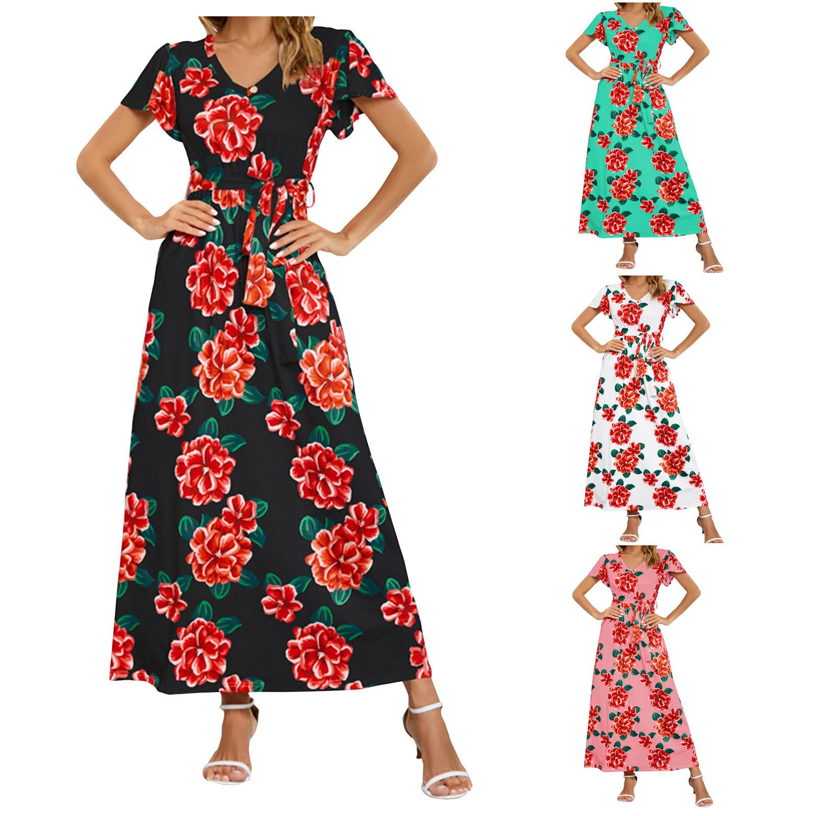 

Женское модное повседневное весеннее и летнее платье с коротким рукавом и v-образным вырезом до щиколотки