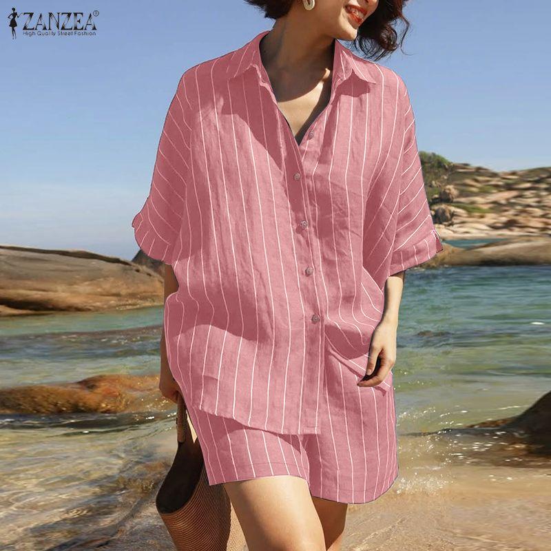 ZANZEA Women Stripe Print Short Sleeve Blouse and Shorts Summer Two Piece Suit Sets