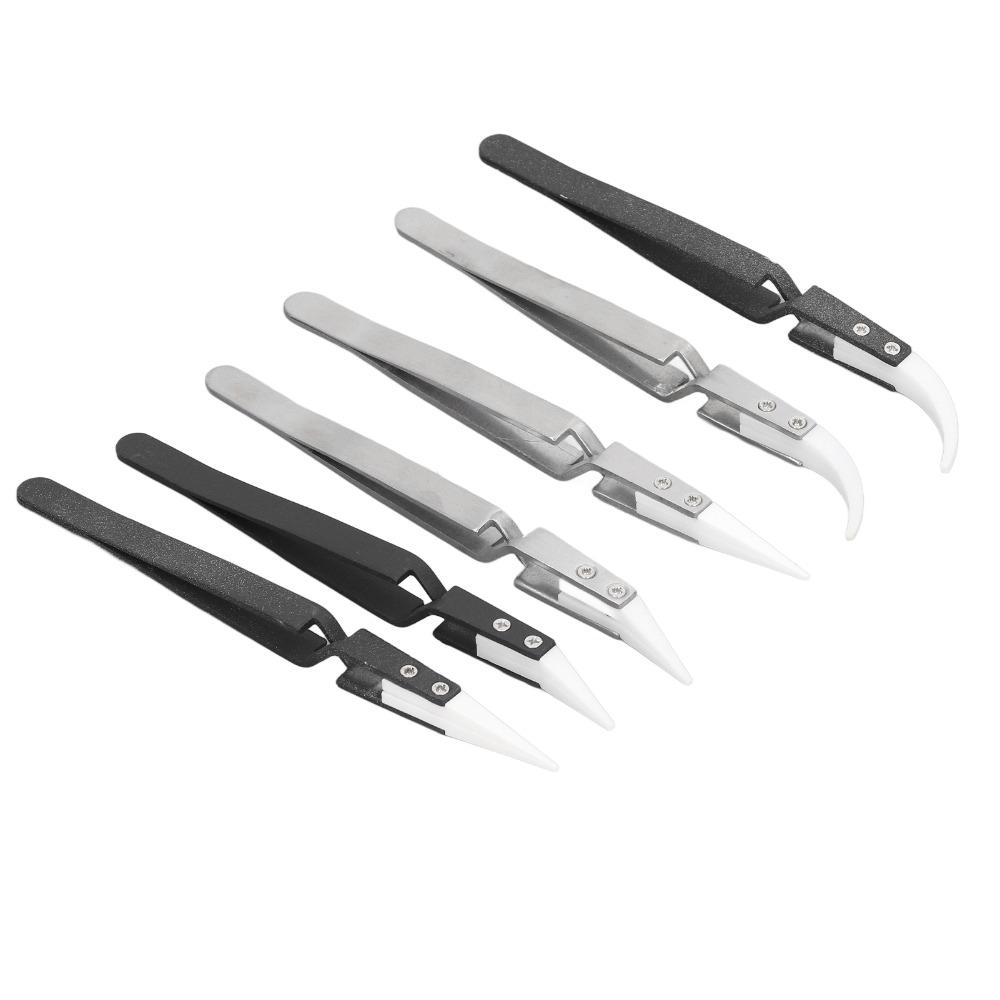 6 PCS Non-Conductive Ceramic Tweezers Anti-Magnetic Pointed & Curved Tips Reverse Solder Tweezers Cross Lock Stainless Steel