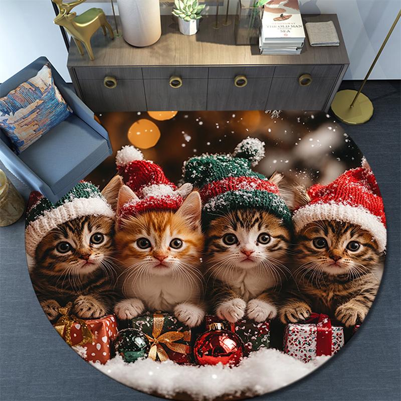 Christmas Kittens Round Area Rug,Carpet Rug for Living Room Bedroom Sofa Playroom Decor,Non-slip Floor Mat
