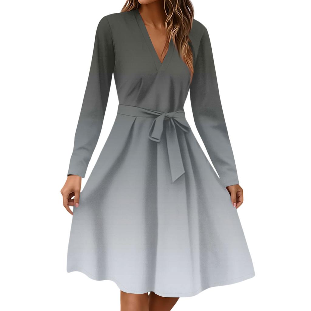 Women's Fashion Casual V-Neck Long Sleeve Waist Floral Print Midi Dress