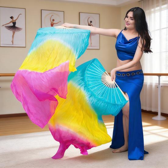 Gradual Color Dancing Fan Handmade Belly Dance Veils Unique Hand Dyed Fan Stage Show Prop for Adult Kid