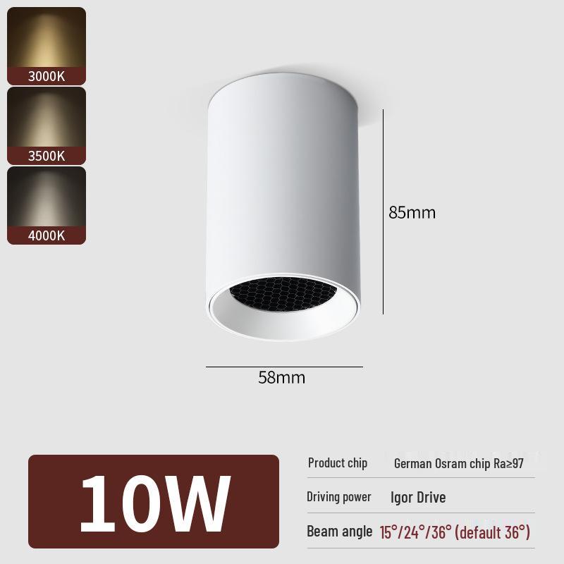 Surface-Mounted Cylinder Spotlight, Anti-Glare Honeycomb, Full Spectrum, Ceiling Light for Bedroom and Living Room.