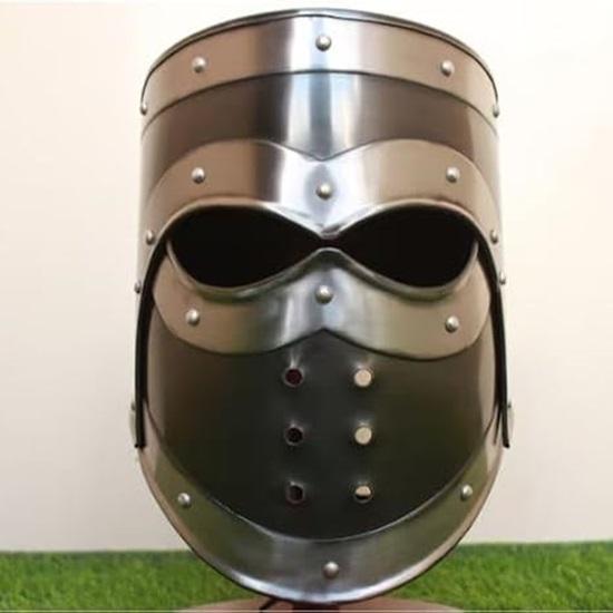 

Edward s Armor, Darkened Steel Knight s Helmet with Wooden Stand, Black Trim, Headpiece