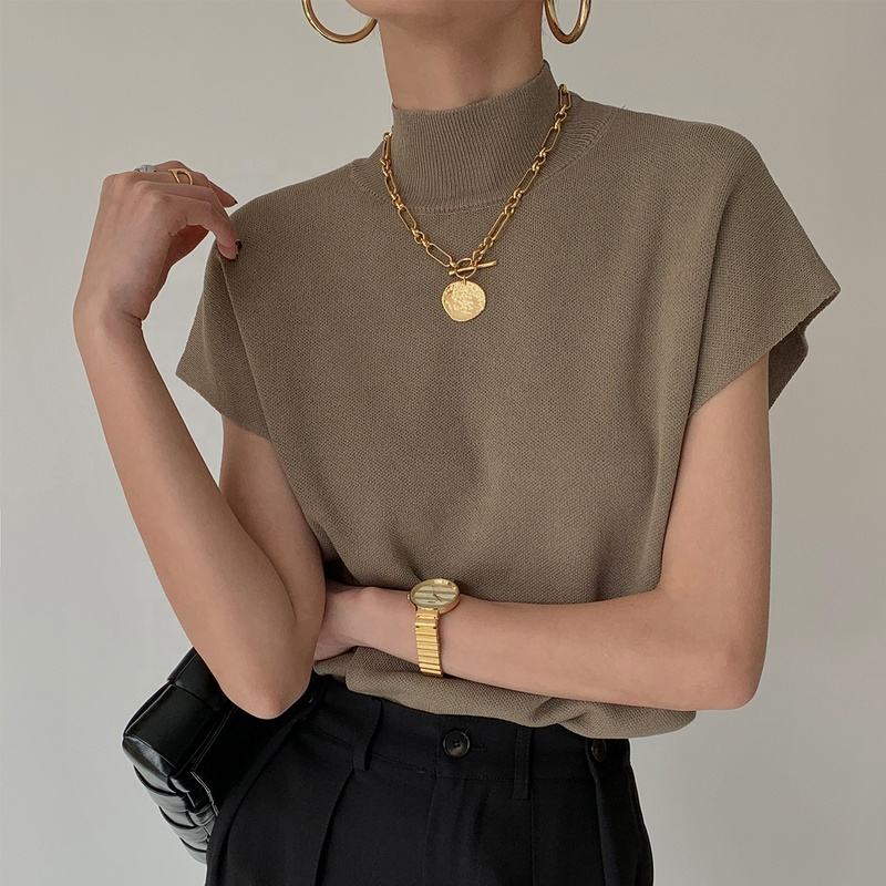 1pc Shirt And Blouses Office Lady Fashio Summer Woman Stand-up Collar Knitted Vest Loose Elegant Tops Short Sleeve