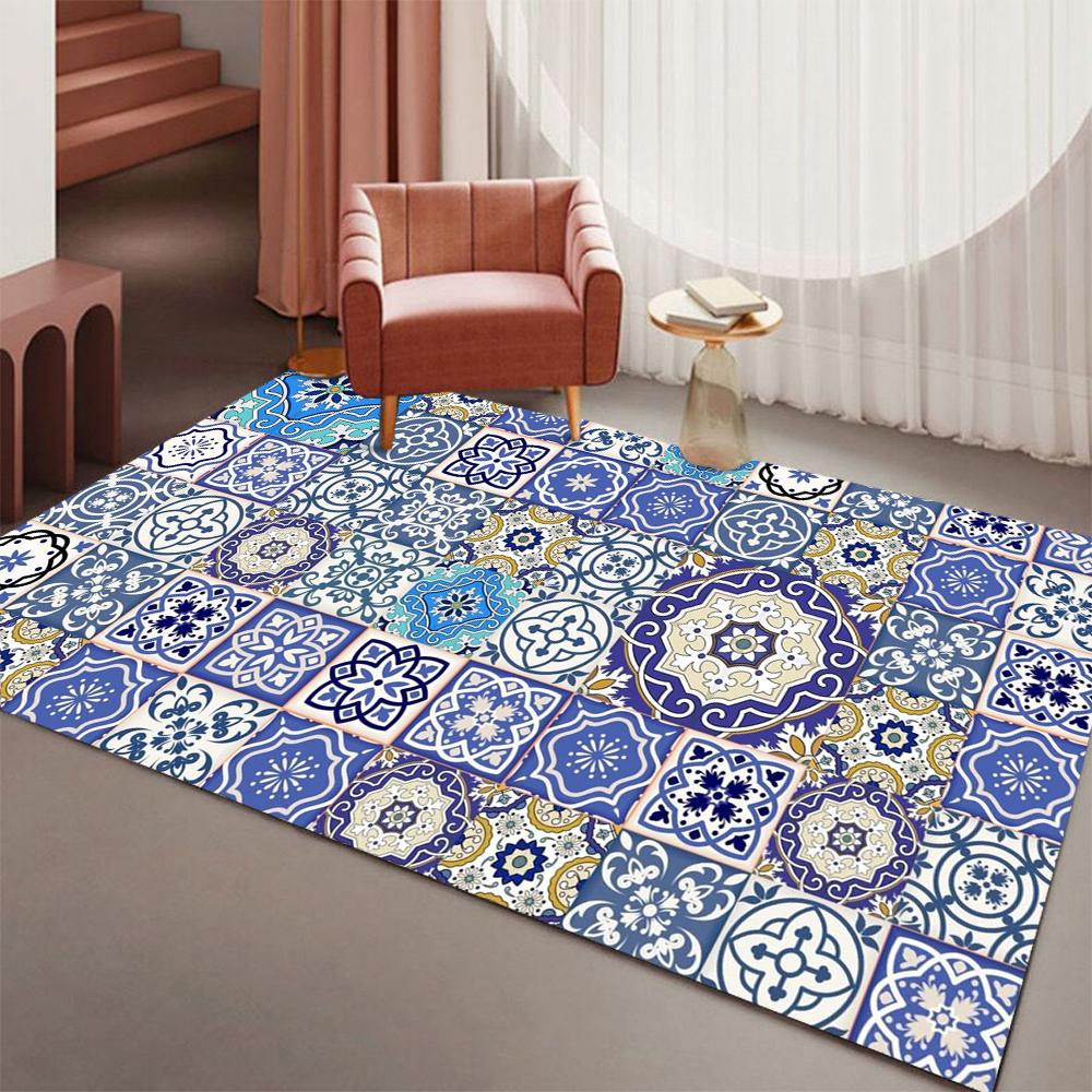 Classical Floral Area Rug Navy Blue Bohomian Patchwork  Rugs for Living Room Dining Room Bedroom Non Slip Stain Resistant Carpet