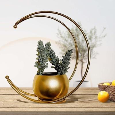 Metal Geometric Design Vase with Gold Finish Pack of 2 - Table Decorative Moon Shape Flower Pot (Size 24 X 24cm)