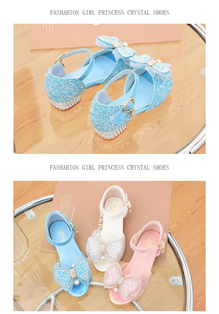 Girls' High-Heeled Crystal Sandals with Rhinestone Bow - Soft Sole Princess Shoes for 2026 Summer Performances