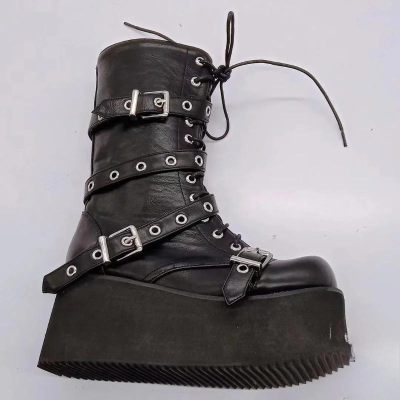 Plus Size 43 Autumn Women Boots Buckle Round Toe Wedges Platform Boots Punk Goth Ins Women Street Shoes Combat Boots For Women for daily use