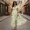 Women's V Neck Ruffle Sleeve Floral Print Waist Cinch Maxi Dress Lightweight Chiffon Elegant Vacation Dress