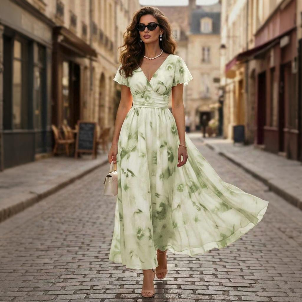Women's V Neck Ruffle Sleeve Floral Print Waist Cinch Maxi Dress Lightweight Chiffon Elegant Vacation Dress