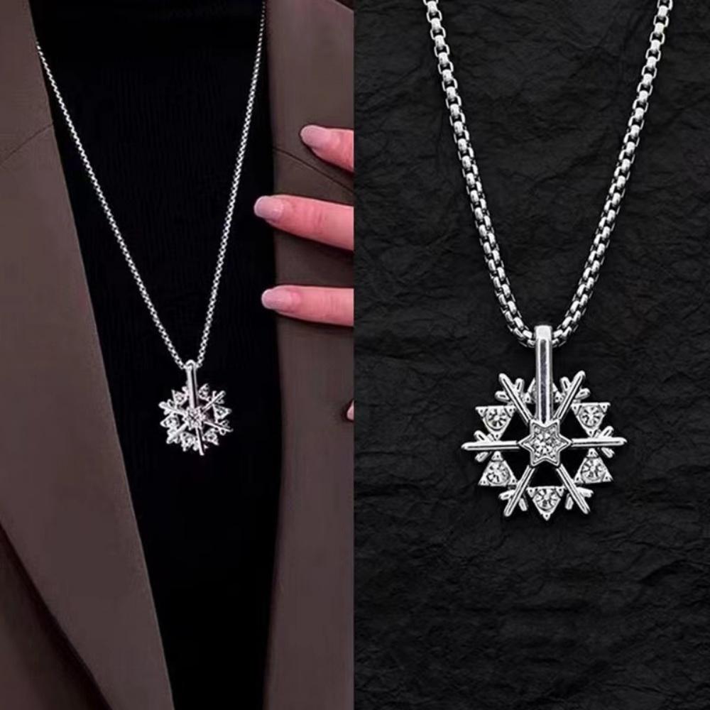 Shiny Zircon Flower Rotatable Pendant Necklace for Women Men Long Stainless Steel Chain Jewelry Gifts