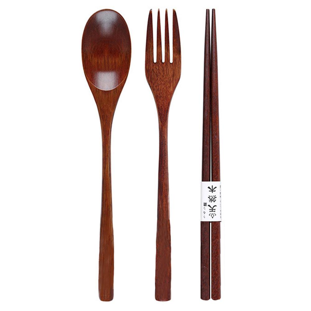 6pc/set Wooden Tableware Set Portable Cutlery Sets with Useful Spoon Fork Chopsticks Travel Gift Dinnerware Suit with Cloth Bag