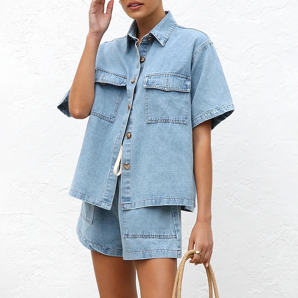 Women's Two Piece Matching Set Half Sleeve Denim Shirt Elastic Waist Denim Shorts Casual Streetwear Outfit Co-ords