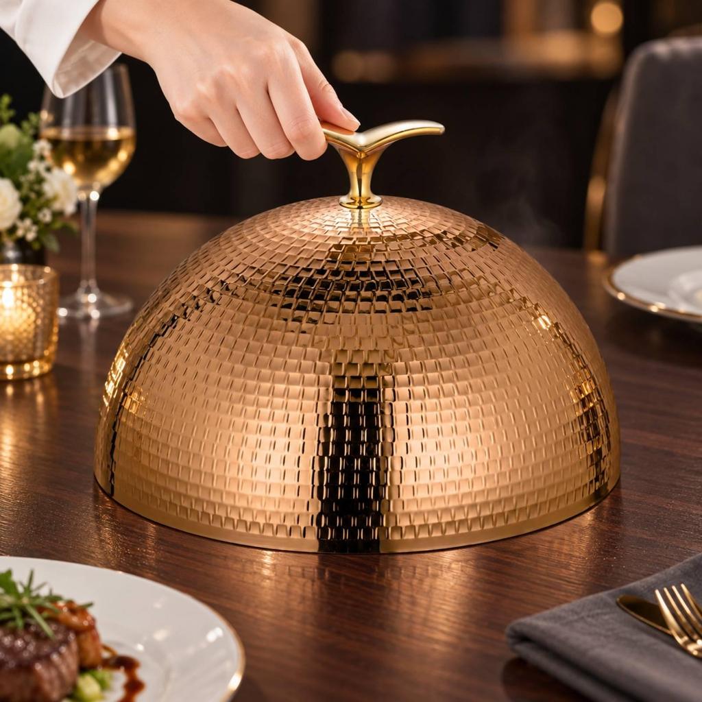 Reflective Rose Gold Domed Plate Cover Dishwasher Safe Hammered Food Dome with