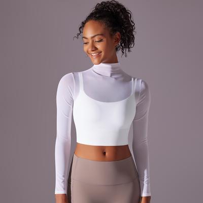 Sexy Mesh Long Sleeved Semi High Neck Yoga Top, Fake Two-Piece One-Piece Cup Sports Bra, Running And Fitness Top For Women