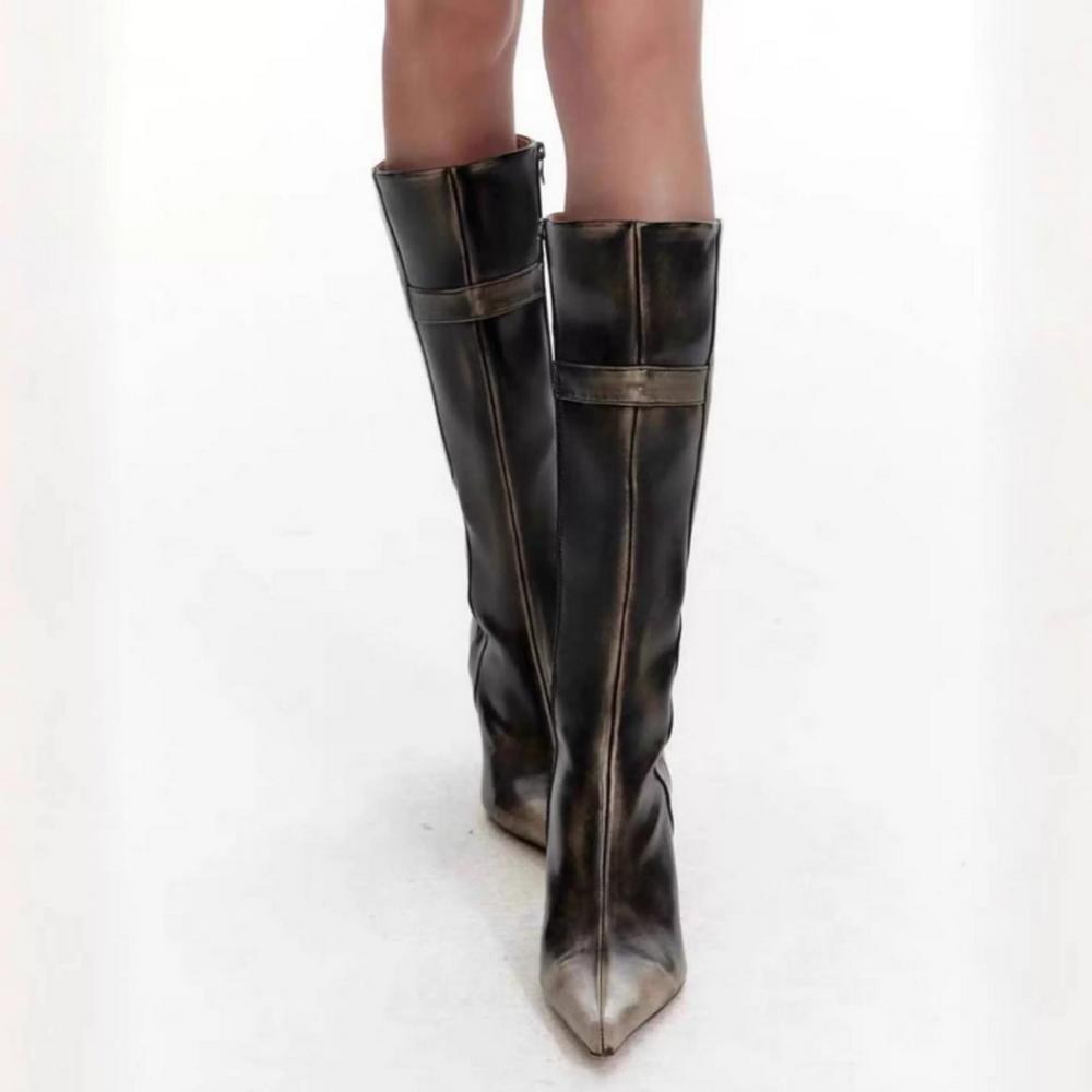 Fashion FHC Retro Rubbing Color Knee HighBoots,Women Long Slim Botas,Autumn/Winter Shoes,Pointed Toe,Side Zip,Black,Size 35-40,Dropship