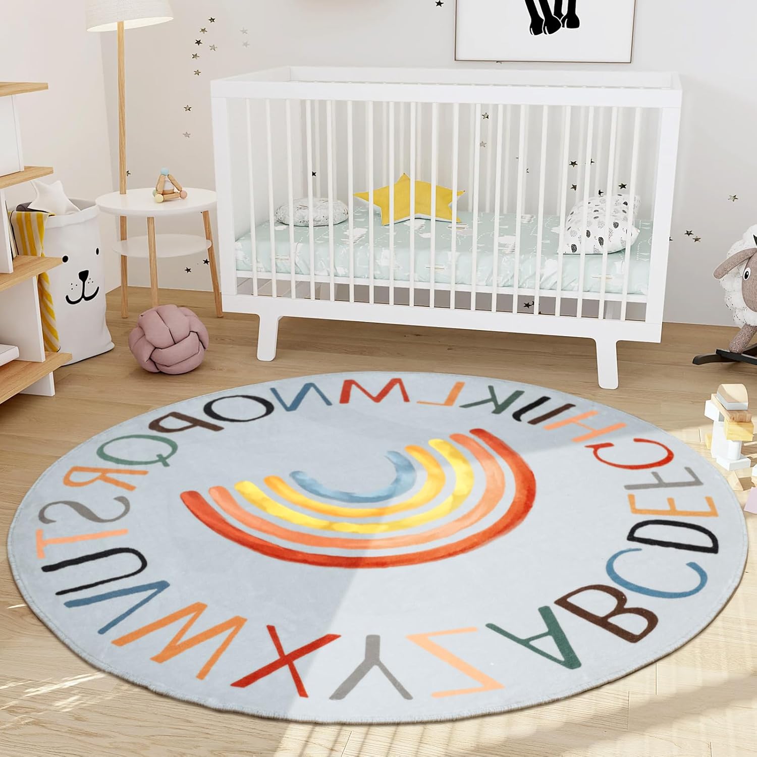 Rainbow Alphabet Round Rug Colorful Letters Central Arc for Montessori Nursery 60cmx60cm