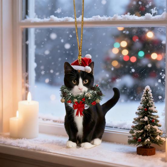 Christmas Pendant 2D Acrylic Cat Wearing Xmas Wreath Charm Car Hanging Ornament Home Office