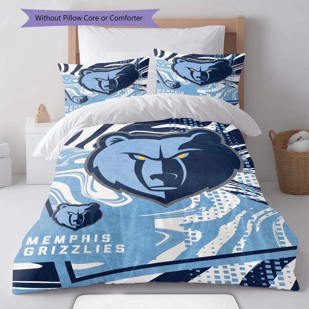 Memphis Grizzlies Pattern Bedding Set Quilt Cover Pillowcase Home Decor Gift (1 * Duvet Cover + 2 * Pillowcase, Without Core)