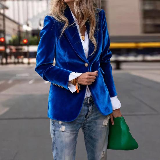 Goldener Samtanzug Mantel Revers Langarm Ein-Knopf Anzugjacke mit Pattentaschen Slim Fit Dreidimensionale Schneiderei Oberbekleidung