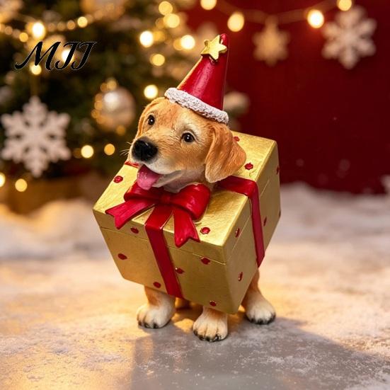 Cute Puppy Figurines Christmas Dog Figurine, Resin Statue in Tree & Gift Ornaments Box Costume, Festive Desktop Mantel Decor, Xmas for