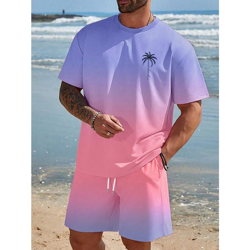 Herren Kurzarm Set Farbverlauf Print T-Shirts Shorts mit Kordelzug Urlaubsstrand Kurzarm Oberteil Shorts Zweiteiliges Set