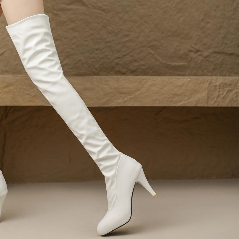 Svarte Hvite Over Kneet Lårhøye Støvletter Kvinner Vinter Festsko Tynne Hæler Elastiske Dames Lang Støvel Stor Størrelse 45 Fottøy