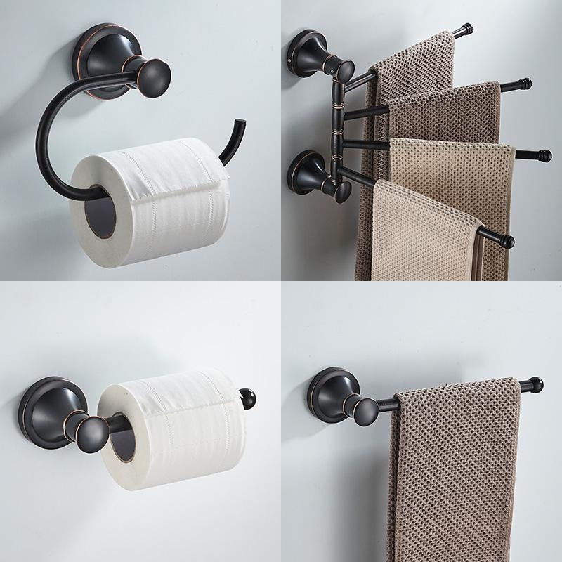 Bathroom Bath Toilet Paper Holder Robe Hook Bathroom Retractable Towel Hanging Rod Black Zinc Alloy EL852