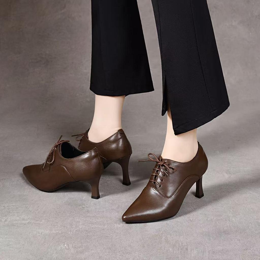Pointed deep mouth single shoes women's autumn new lace-up stiletto women's shoes temperament sheepskin high heels