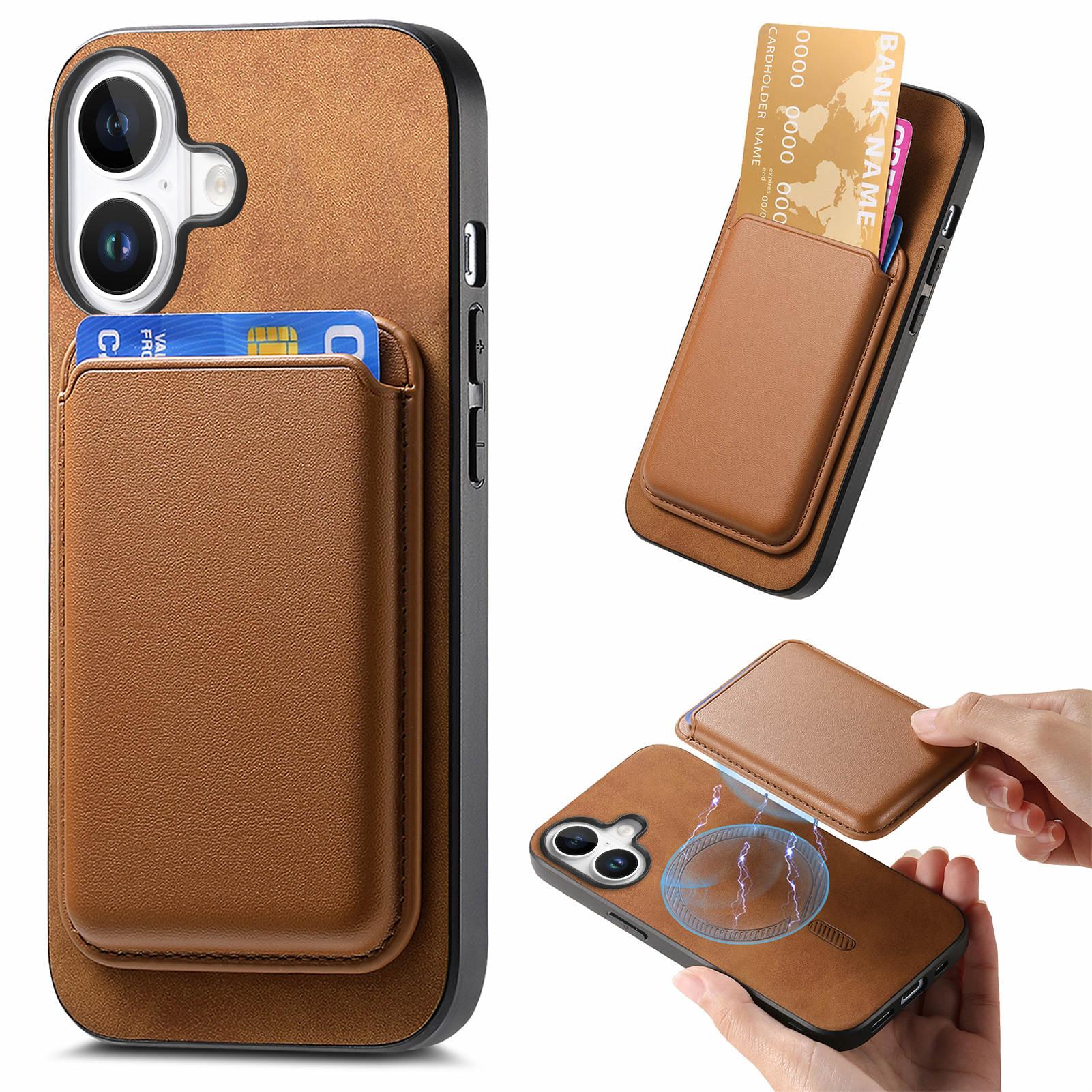 

B2 For iPhone 16 Case Detachable Magnetic Card Bag Leather+TPU Phone Cover Brown