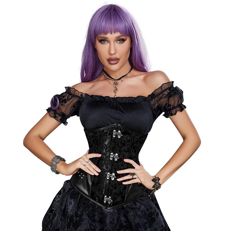 Gothic Black Jacquard Waist Cincher Corset with Leather Trim