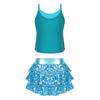 Girls Shiny Sequins Camisole Top Adjustable Straps Tiered Ruffle Skirted Shorts Culottes Dance Outfit
