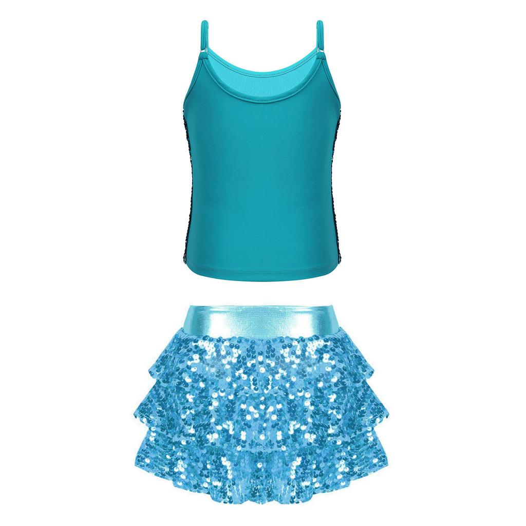 Girls Shiny Sequins Camisole Top Adjustable Straps Tiered Ruffle Skirted Shorts Culottes Dance Outfit