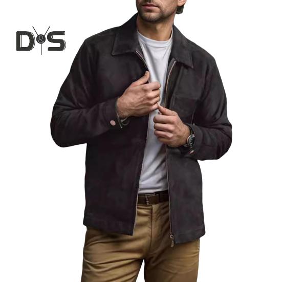 

Мужское пальто с лацканами, длинный рукав, однотонная замшевая куртка с двухсторонними карманами на молнии, повседневная верхняя одежда в уличном стиле S серый