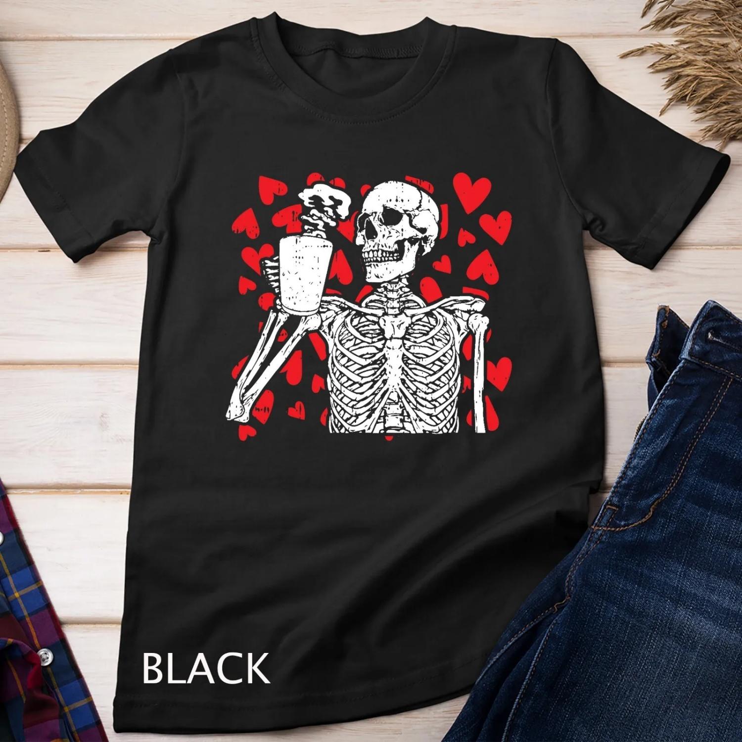 Skeleton Drinking Coffee Valentines Day Cool Bones Love T Shirt S чёрный