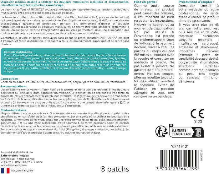 ISN - Artrobiol Patchs Chauffants - Aide à soulager les douleurs musculaires - Action chauffante 8h - Dispositif Médical 8 patchs