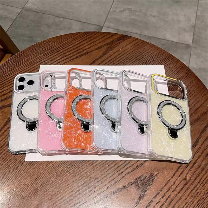 Luxury Glitter Magnetic Shockproof Case for iPhone 17 16 15 14 13 Pro Max Plus Bracket Stand Diamond Camera Frame Glossy Cover