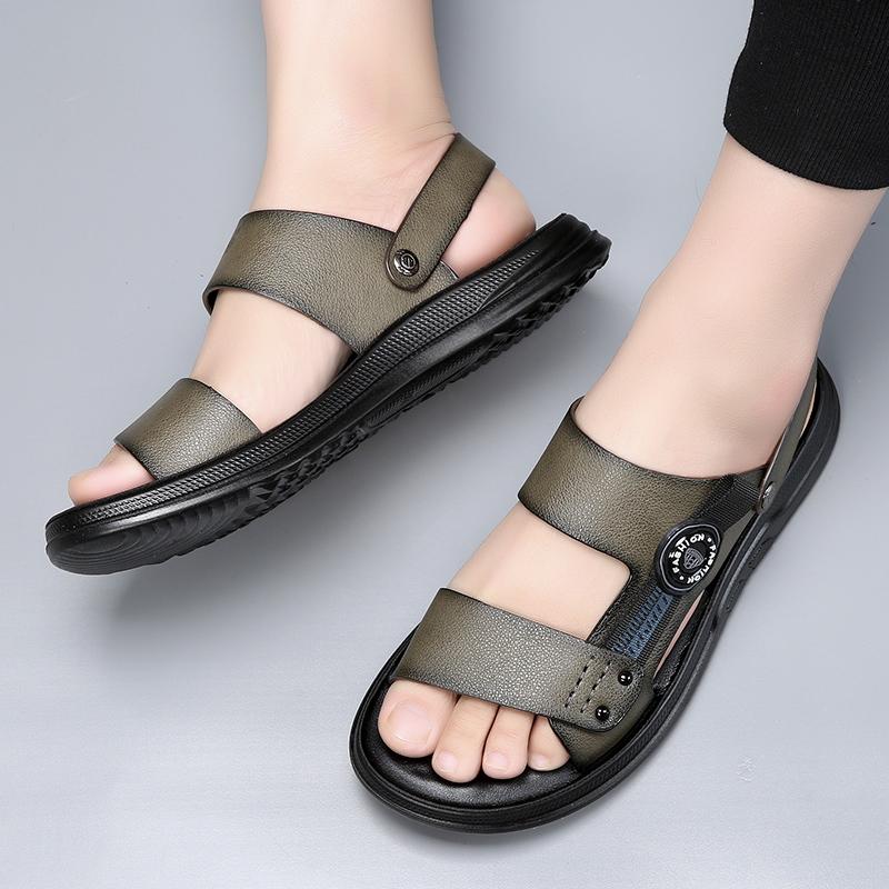 Fashion High End Brand Men's Leather Casual Shoes Lightweight Sandals Summer Beach Men's Beach Shoes Anti Slip Khaki Color Free Delivery
