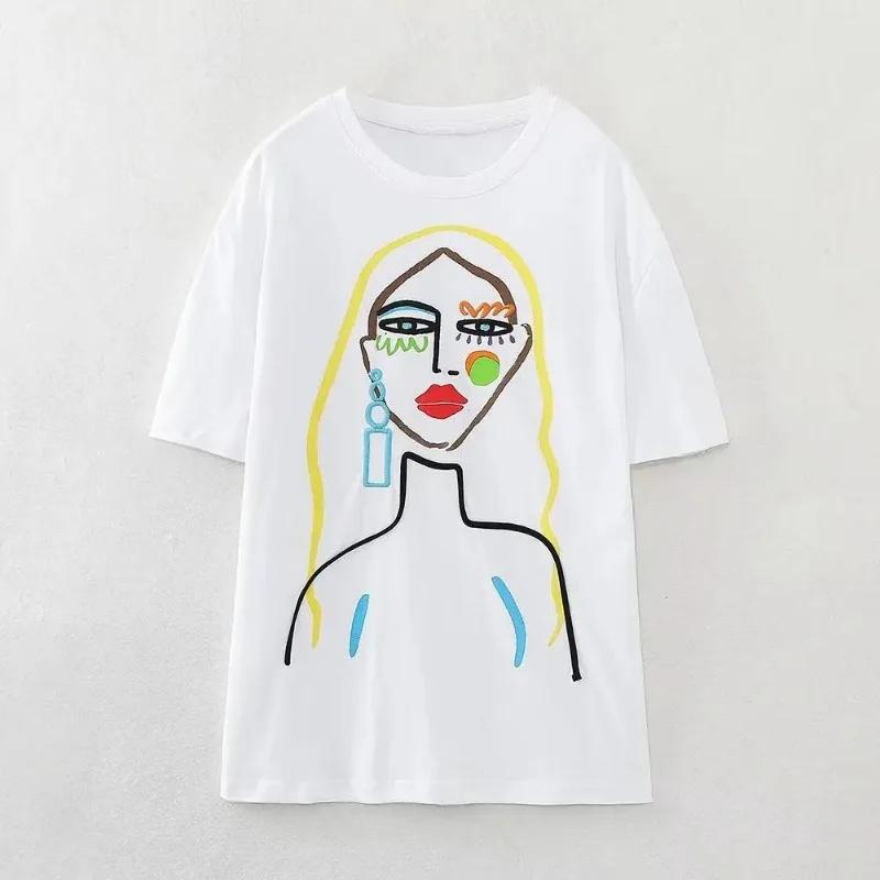 2024 Summer Womens Large Printed Round Neck Comfortable Breathable Tshirt Womens Casual Harajuku Retro Tshirt Tops
