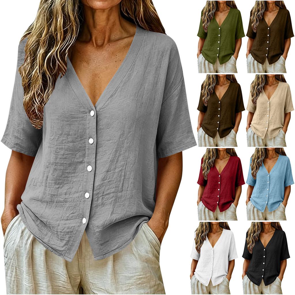 Women's Short Sleeve Button Down Shirt Color Casual Blouse for Everyday Wear