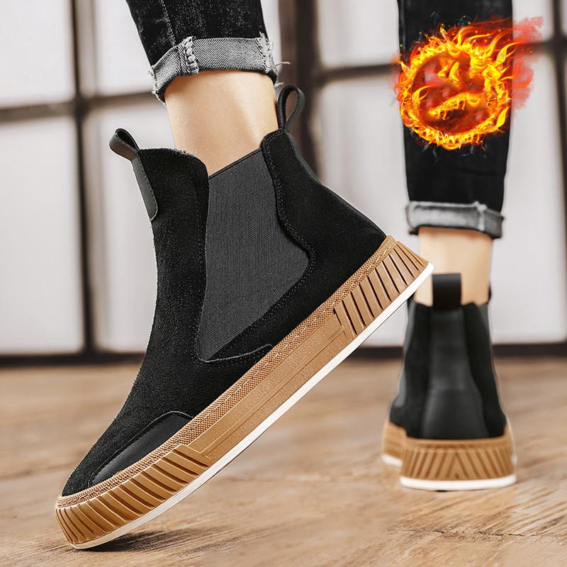 Hot Sale Black Plush Men's Winter Shoes Designer Suede Chelsea Boots Men Slip On Platform Men Boots Casual High top Ankle Shoes
