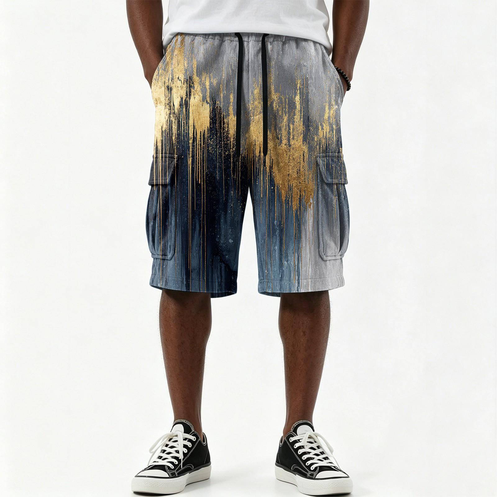 Men s Camouflage Print Shorts, Casual Drawstring with Multiple Pockets, Knee Length L
