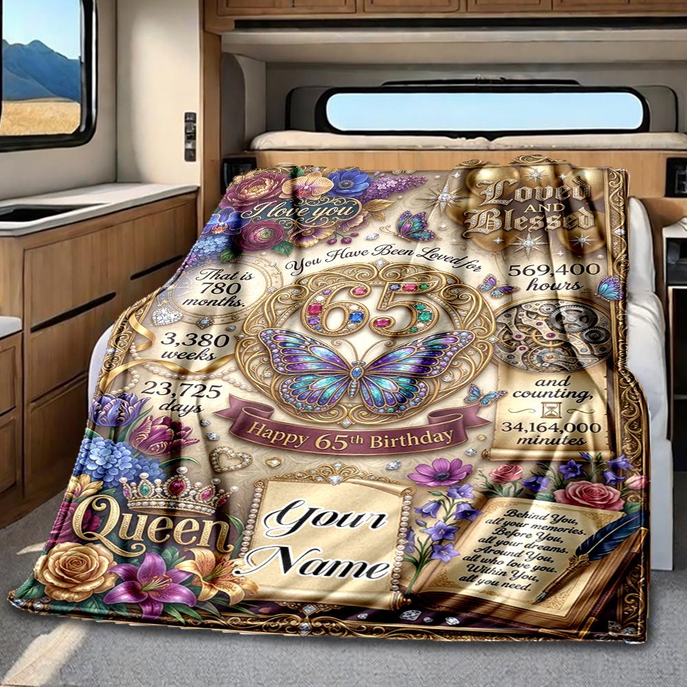 Elegant Floral Design Celebrating 65 Years Blanket Personalized Name Soft Comfortable Stylish Blanket Car Blanket Perfect For Travel Camping Outdoor