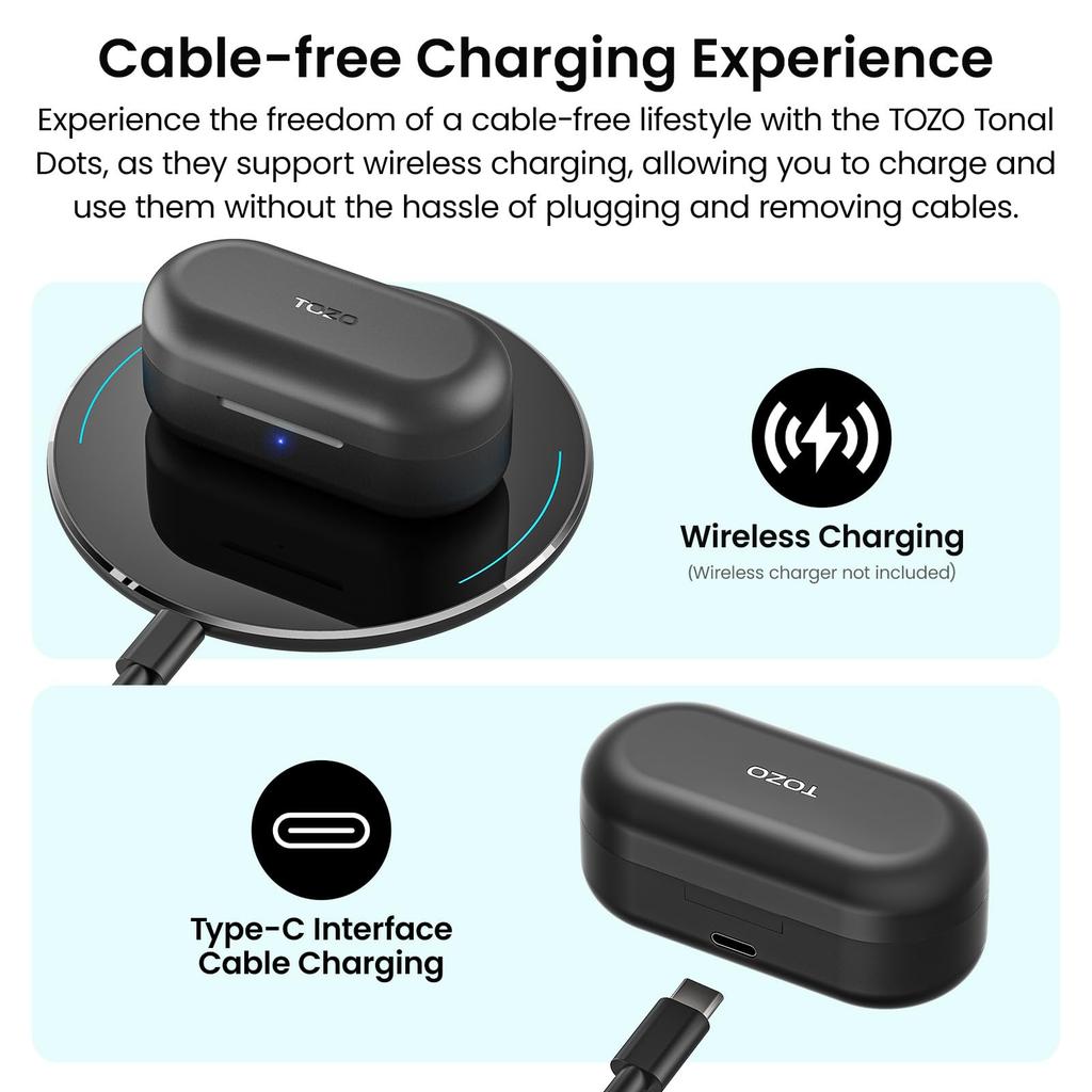 TOZO Tones Dots Wireless 2025 Premium Sound Powerful and Delicate LED Battery Level ENC Noise Custom App Touch Up To 55 Hours of Auto Instant Fast